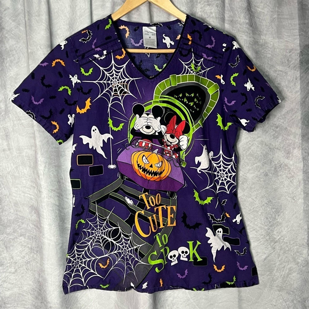 Disney Mickey & Minnie Mouse Halloween Too Cute To Spook Purple Scrubbing Top - Picture 7 of 13